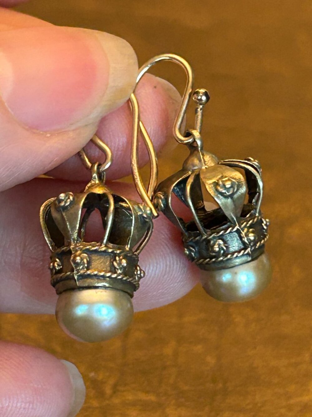Crown Earrings with Pearl Bottoms